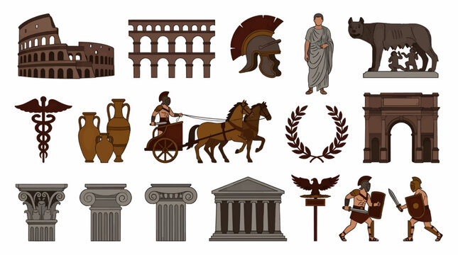 Flat Vector Illustration Collection of Ancient Roman Icons: Colosseum, Chariot, Gladiator, Columns, Roman Soldier, and Symbols of Power and History.