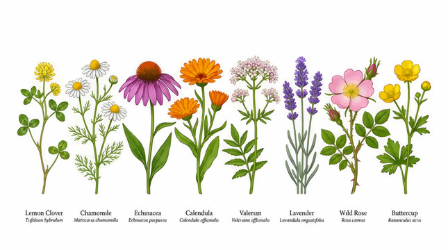 Collection of Medicinal Wild Flowers Vector Illustration: Lemon Clover, Chamomile, Echinacea, Calendula, Valerian, Lavender, Wild Rose, Buttercup