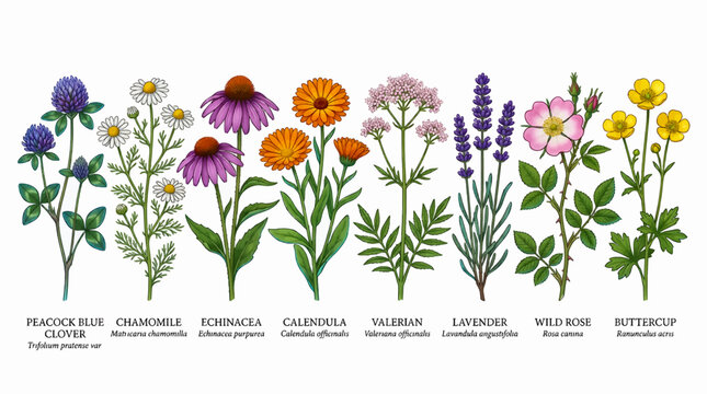 Collection of Medicinal Wild Flowers: Peacock Blue Clover, Chamomile, Echinacea, Calendula, Valerian, Lavender, Wild Rose, and Buttercup, Vector Illustration
