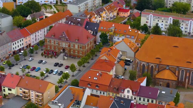 Aerial view of the church tower in the city Calau in eastern Germany on a sunny day in summer.