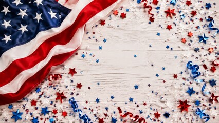 Obraz premium An American flag drapes over the left corner of a white wooden background, surrounded by scattered red, white, and blue star confetti and curly blue ribbons
