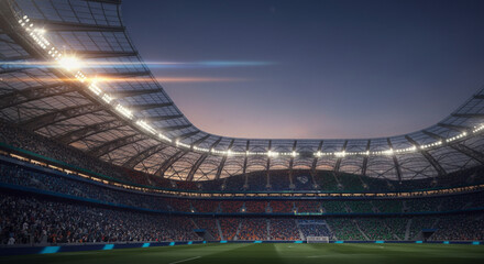 Fototapeta premium Illuminated Modern Stadium Arena with Packed Crowds at Dusk Under a Dramatic Sky with Bright Lights