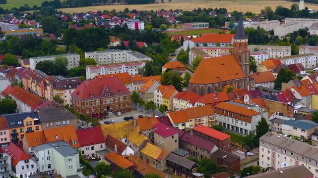 Aerial view of the church tower in the city Calau in eastern Germany on a sunny day in summer.