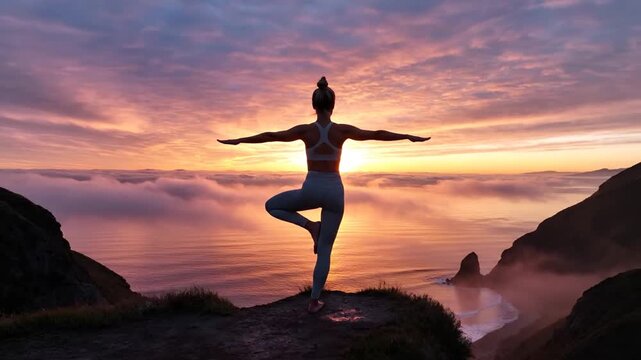 Woman doing yoga tree pose on cliff at ocean sunset