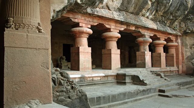 An ancient Hindu temple on Elephanta Island , Mumbai, India .The Elephanta Caves are a collection of cave temples predominantly dedicated to the Hindu god Shiva