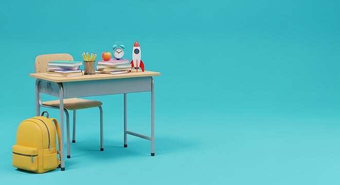 Back to school modern classroom setup with desk backpack books and rocket educational concept