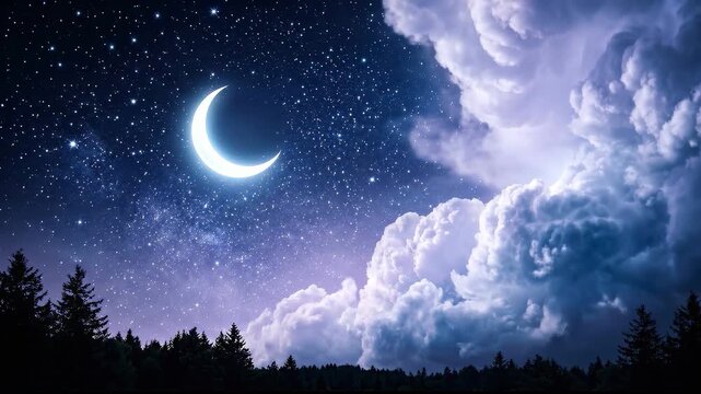 Crescent Moon Shines Brightly in a Starry Night Sky Over Silhouetted Trees.