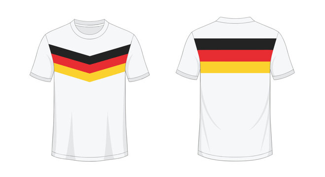 White t-shirt featuring a German flag pattern on the chest and back, designed for athletic wear and national sports supporters.