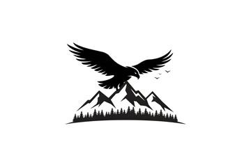 Fototapeta premium Black eagle soaring above mountain peaks with smaller birds flying below Vector