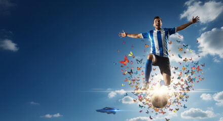 Excited Soccer Player Leaping with a Ball Surrounded by Colorful Butterflies Against a Bright Blue Sky with Clouds and a Futuristic Vehicle