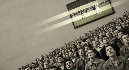 Obraz premium Large Crowd of Spectators Watching a Soccer Match on a Large Screen Displayed on a Wall
