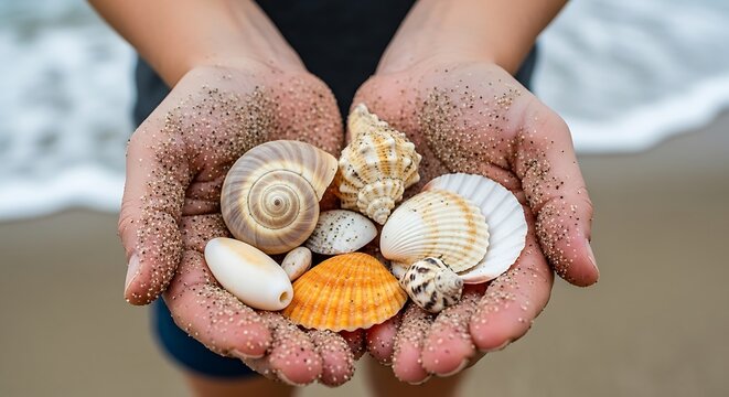 Seashells in Hands - A Collection of Coastal Treasures.