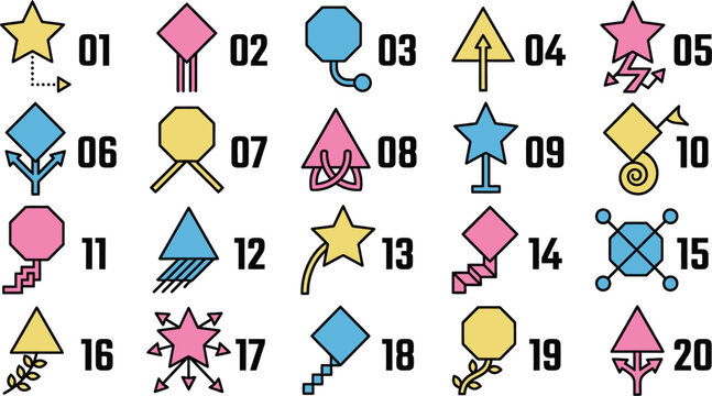 Geometric point badges vector bundle octagons diamonds stars triangles stem pointers for target spots focal area highlighting modern data graphics layouts