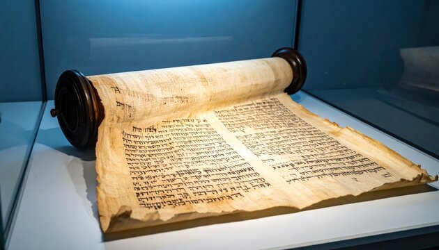 Ancient Hebrew scroll of aged parchment with well-preserved religious text in a museum display