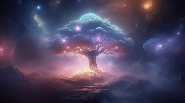 Enchanting celestial tree bathed in cosmic light, a mystical natural wonder in a dreamlike nebula