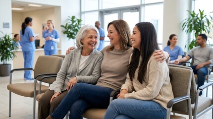 Obraz premium Three women of different generations smiling and embracing in a hospital waiting room.