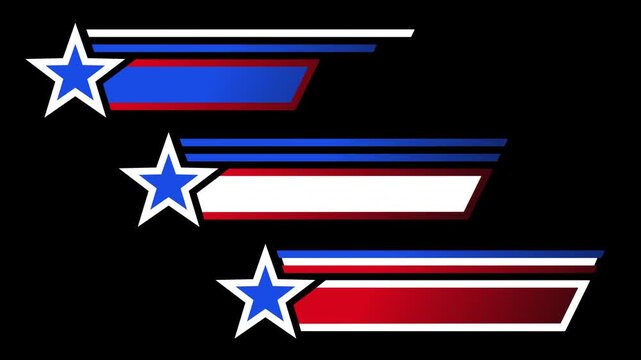 Lower third title animations with patriotic design elements and editable text areas. Suitable for national holiday content and chroma key compositing workflows