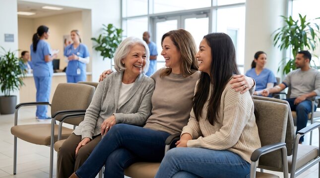 Three women of different generations smiling and embracing in a hospital waiting room.