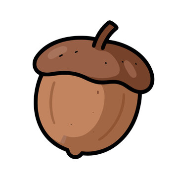 Cartoon illustration of an acorn with black outline and two shades of brown for its texture