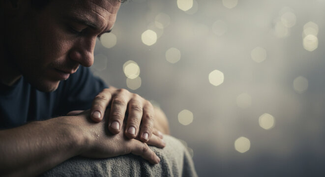 Man in deep thought with hands clasped in prayer or contemplation, soft bokeh lights in background, conveying emotion and reflection