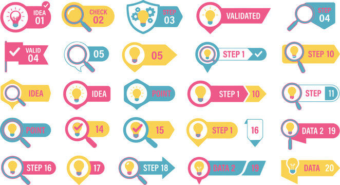 Business infographic labels vector bundle featuring magnifying glass icons glowing light bulb symbols check flags for creative analysis ideas workflow layout
