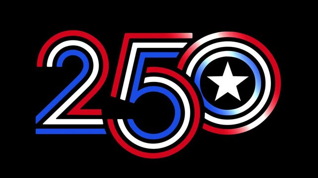 Animated patriotic 250 anniversary logo reveal featuring red, white and blue styling with a central star. Available on black and green screen backgrounds for easy chroma key compositing