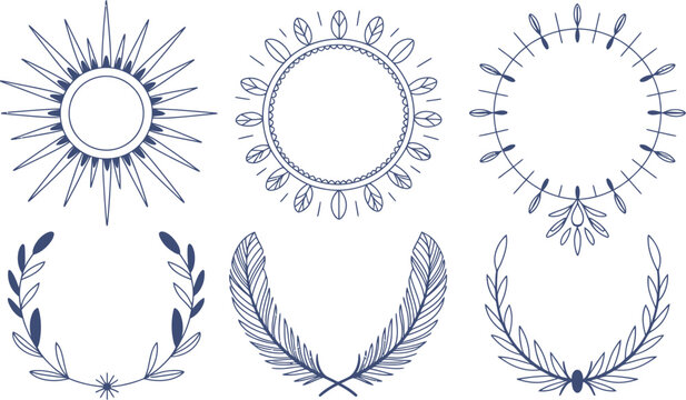 Vintage hand drawn frames and floral wreaths with ornament decorative sunburst branches elements illustration invitation decoration circular botanical monogram template ornamental