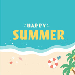 夏のバナー　海の背景イラスト　　夏素材　ビーチ、浮き輪、浜辺　ビーチサンダル、　 © Karin