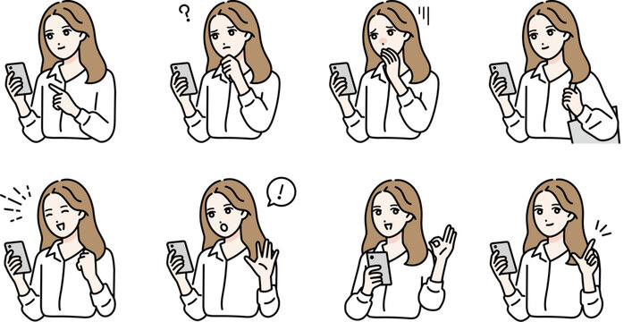 スマホを持っている若い女性のポーズセット