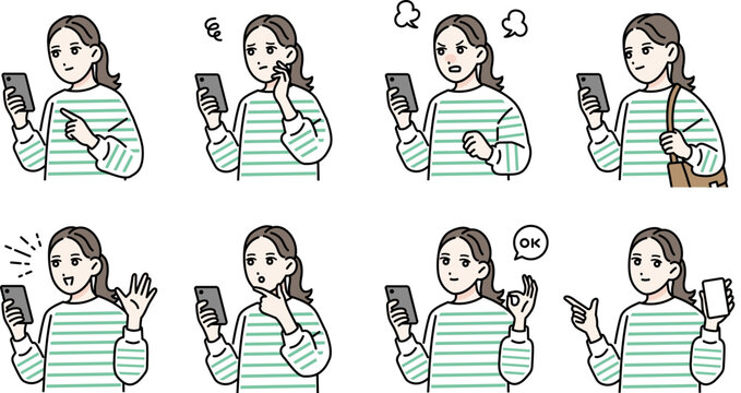 スマホを持っている若い女性のポーズセット