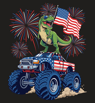 dinosaur, t-rex, monster truck, american flag, fireworks, patriotic, 4th of july, independence day, usa, america, vector, illustration, cartoon, sunglass, cool, t-shirt design, 4th of july truck, star