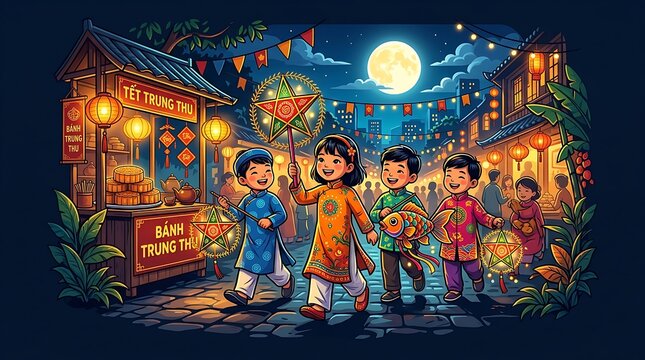 Vietnamese Children Celebrating Mid-Autumn Festival with Lanterns