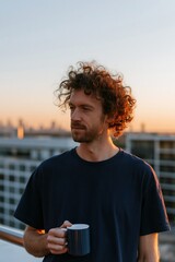Obraz premium Young man with curly hair holding a blue mug on a rooftop at sunset for lifestyle portrait and morning routine background for wellness and relaxation banner