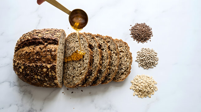 Freshly sliced multigrain seed bread on marble surface with honey being drizzled from a golden spoon alongside ingredient seed piles.