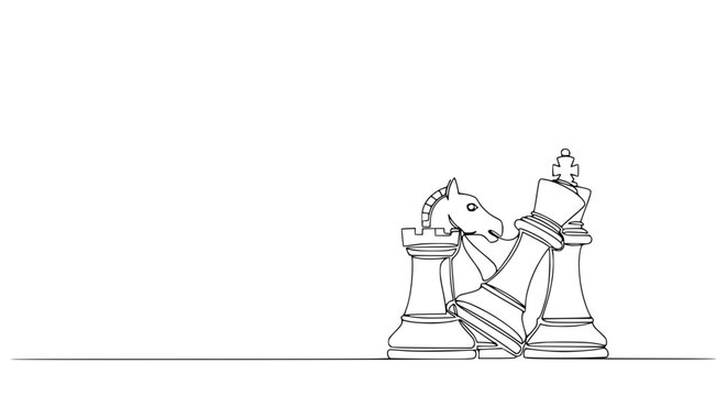Chess game strategy, checkmate concept, fallen king and rook with knight, single line art