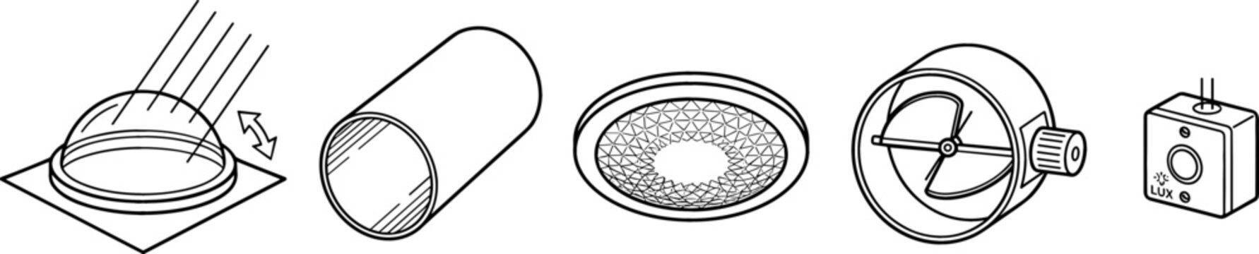 Tubular Skylight and Sun Tunnel Component Icon Set Featuring Solar Dome Reflective Pipe Ceiling Diffuser Integrated Fan and Electric Controller Vector Illustration