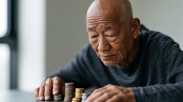 Elderly man sorting and stacking coins on a table for personal finance and budgeting background and banner design