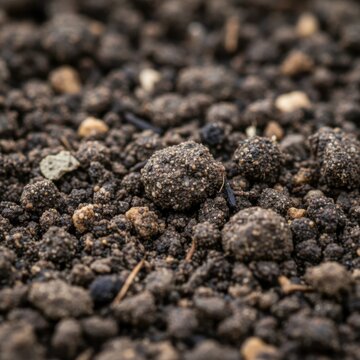 Close-up macro shot of dark brown fertile garden soil with small clods and tiny pebbles, showcasing texture and detail suitable for planting