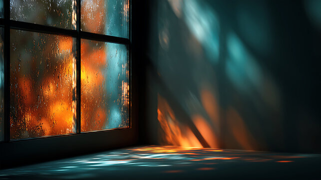 Dramatic Window Light and Shadow Patterns in Dark Room Cinematic Interior Scene