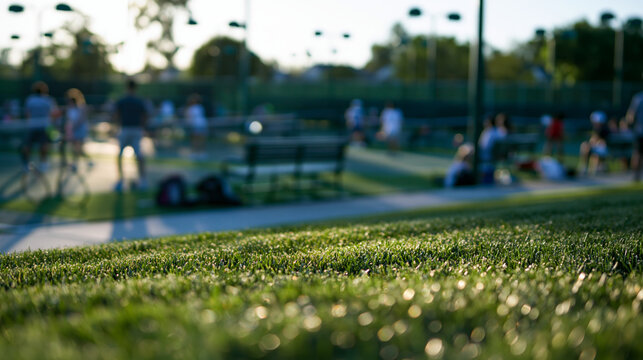 Low angle blurred tennis court scene with sunlit grass, distant players, benches, and green summer sports background for banner design