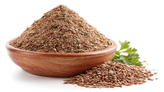 Wooden bowl filled with ground cumin spice powder seasoning ingredient aromatic culinary