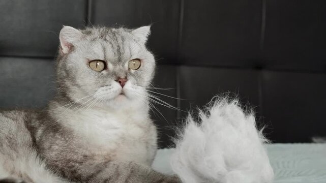 Cat lying on bed with fluff in its paw, relaxed moment captured indoors during afternoon.  cat rests  while holding  fluffy clump of fur.  enjoy day as it curls up comfortably. light warmth to room