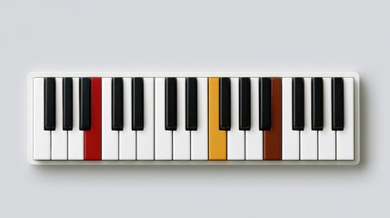 Fototapeta premium Top view of a colorful piano keyboard with unique red yellow and brown accented musical keys on a simple neutral grey background
