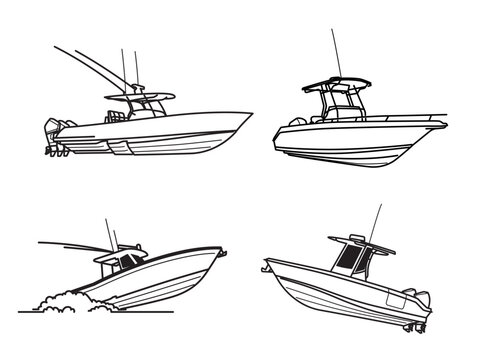 center console boat line art vector set