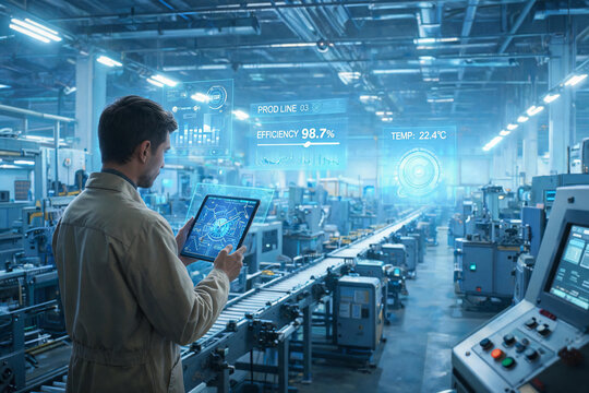 Factory worker using tablet to monitor production line efficiency and temperature in modern industrial manufacturing
