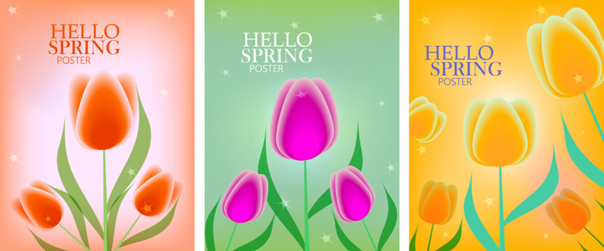 Set of three hello spring posters with colorful tulips on gradient backgrounds with sparkles