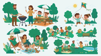 Fototapeta premium Flat Vector Illustrations Families Enjoying Park Activities Summer Picnic Barbecue Stock Graphic