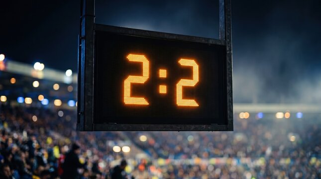 A thrilling football match reaches a captivating deadlock with the digital scoreboard prominently displaying an even 2-2 score under the stadium lights, electrifying the passionate crowd