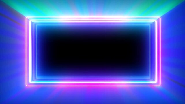 Slow motion static shot of pulsing neon rectangle frame glowing in dark studio interior with radial light beams