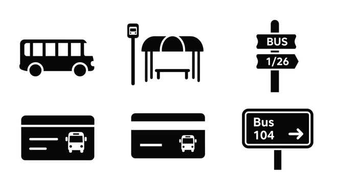 A black and white illustration of a bus station with a vehicle, tickets, and signs indicating transportation directions.